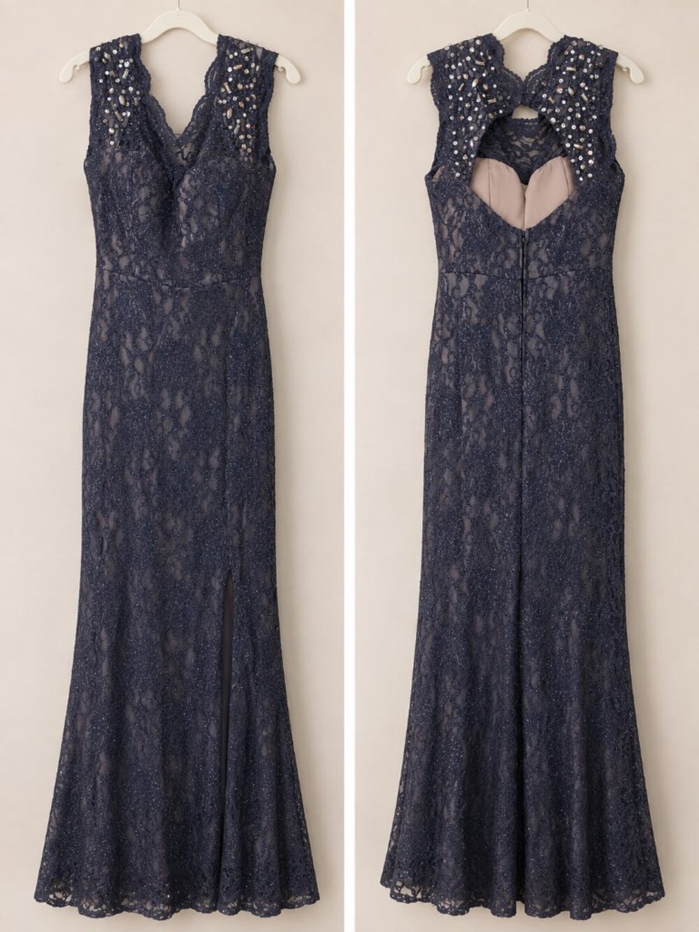 Embellished Navy Lace Evening Gown